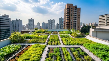 A vibrant rooftop garden with neatly arranged greenery amidst urban buildings under a bright blue sky.