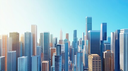 Aerial view of a modern cityscape with skyscrapers, room for copy in the clear blue sky.