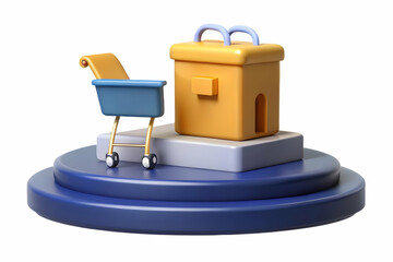 Flat Modern Podium with Shopping Cart and Price Tag: Ideal for Retail Promotions and Sales Events - Simple Flat Vector Illustration