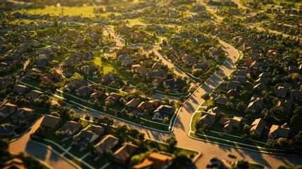 Obraz premium Aerial view of a sprawling suburban area with winding streets, with room for copy in the open spaces.