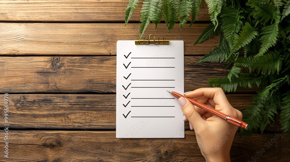 Poster A person at a desk checking off tasks from a to-do list symbolizing productivity organization and personal achievement Large space for text in center Stock Photo with copy space