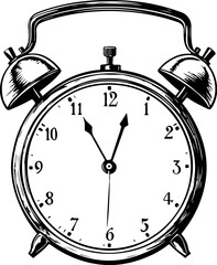 Trendy Line Art of Alarm Clock. Time Concept Minimalist Black Lines Drawing in Vintage Sketch Style. Retro Clock Linear Abstract Drawing. Vector Illustration.