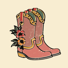 Cowboy Boots with Flowers Line Art Vector Illustration Boho Style. Sketch Fashion Boots Silhouette. Cowboy Shoe Illustration Bohemian Style for Modern Design