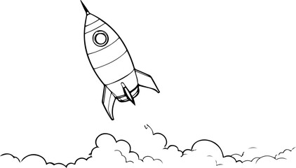 Vector Line Drawing of Simple Cartoon Retro Rocket Flying Up. Rocket Black Sketch Illustration on White Background. Abstract Cartoon Universe Concept Linear Minimalistic Style. 