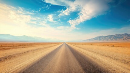 An open desert road leading into the horizon, with plenty of space for copy in the sky and sand.