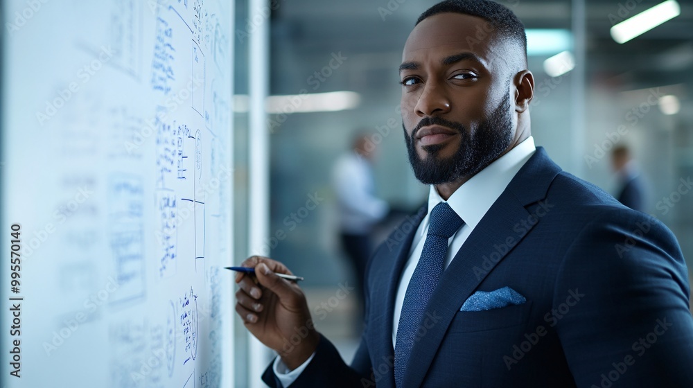Poster a professional reviewing a vision board in a modern office setting symbolizing planning goals and ca