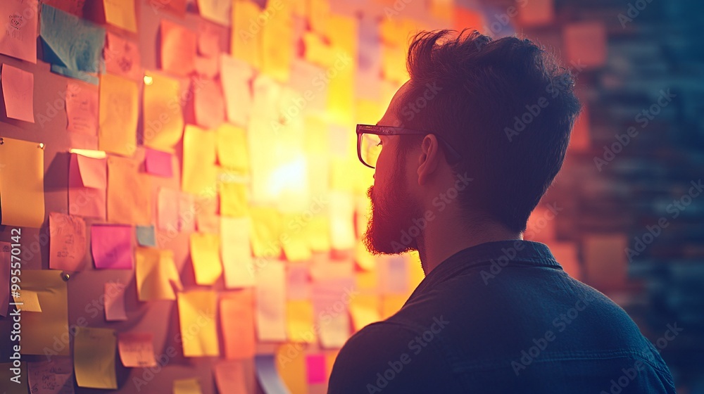 Poster a professional reviewing a vision board in a modern office setting symbolizing planning goals and ca