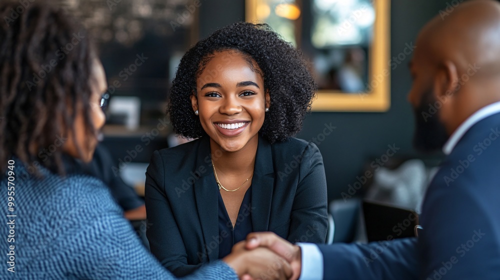 Poster a young professional shaking hands with a mentor at a business event symbolizing mentorship and pers