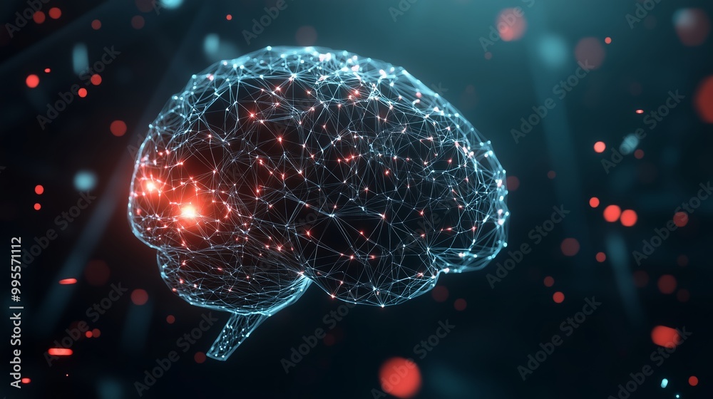 Poster abstract representation of a digital brain with glowing connections in a dark setting showcasing neu