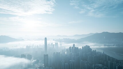 High-angle view of a city skyline with a mountain backdrop, with ample space for text in the open sky.