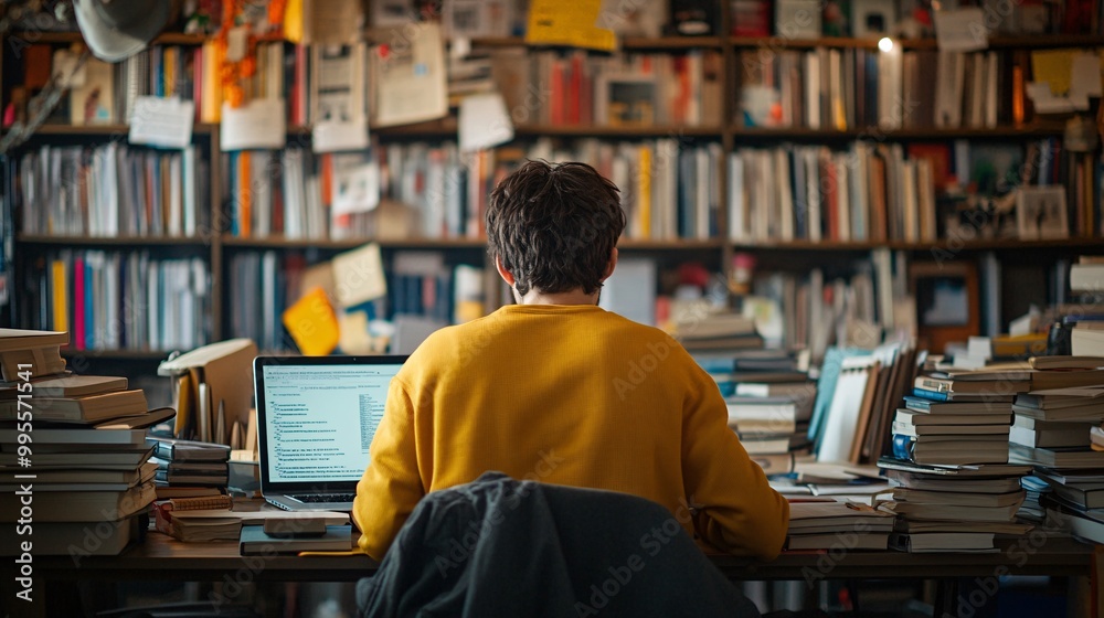 Poster A student sitting at a desk surrounded by textbooks and a laptop focused on learning and self-education representing lifelong growth and personal development Large space for text in center Stock