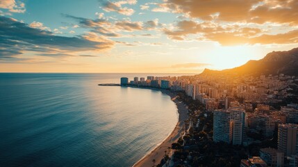 High-angle view of a coastal city at dawn with long shadows, with space for text in the open sky.