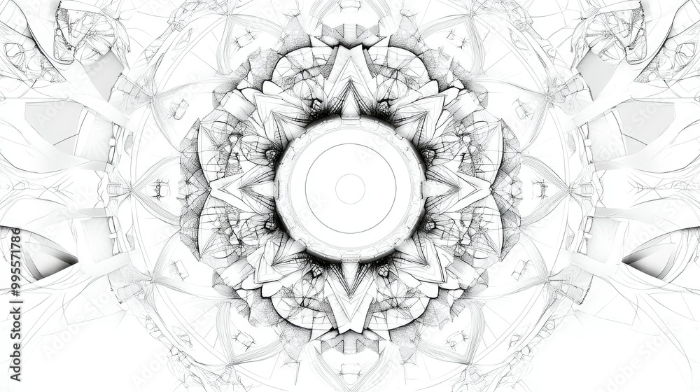 Fototapete intricate line art pattern with geometric shapes, room for text in the surrounding white space.