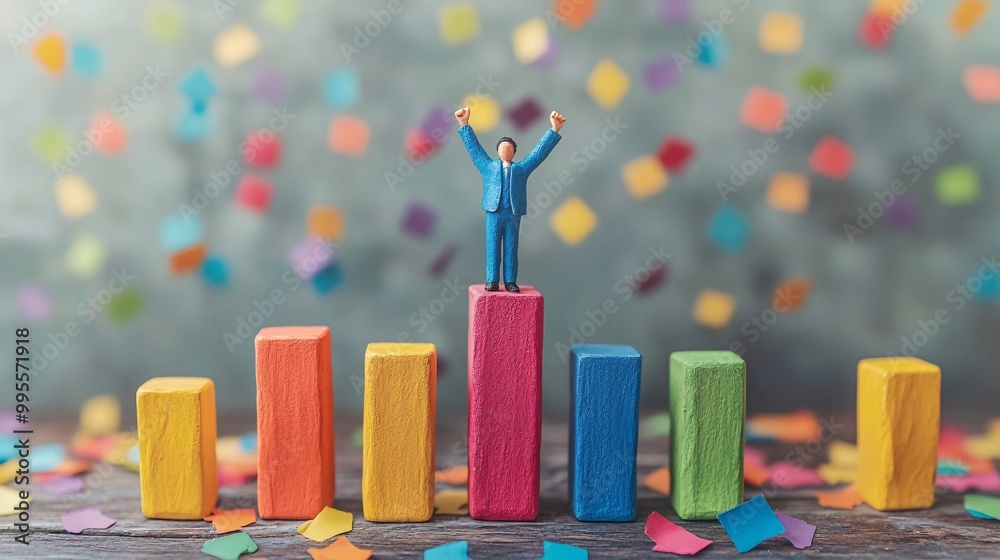 Poster an upward-moving bar chart with a person celebrating in the foreground symbolizing business success 