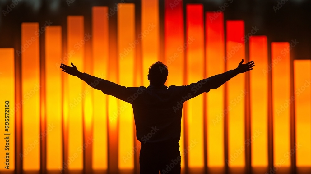 Poster an upward-moving bar chart with a person celebrating in the foreground symbolizing business success 