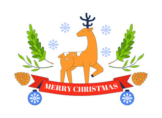 Merry Christmas greeting with reindeer xmas 2D illustration concept. Deer pine pinecones snowflakes baubles cartoon postcard isolated on white. Christmastime metaphor abstract flat vector graphic