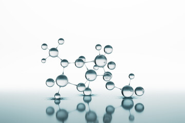 Abstract blue glass molecules structure or atoms on water with ripple. Science or Chemical formula on light white background. 3d illustration.