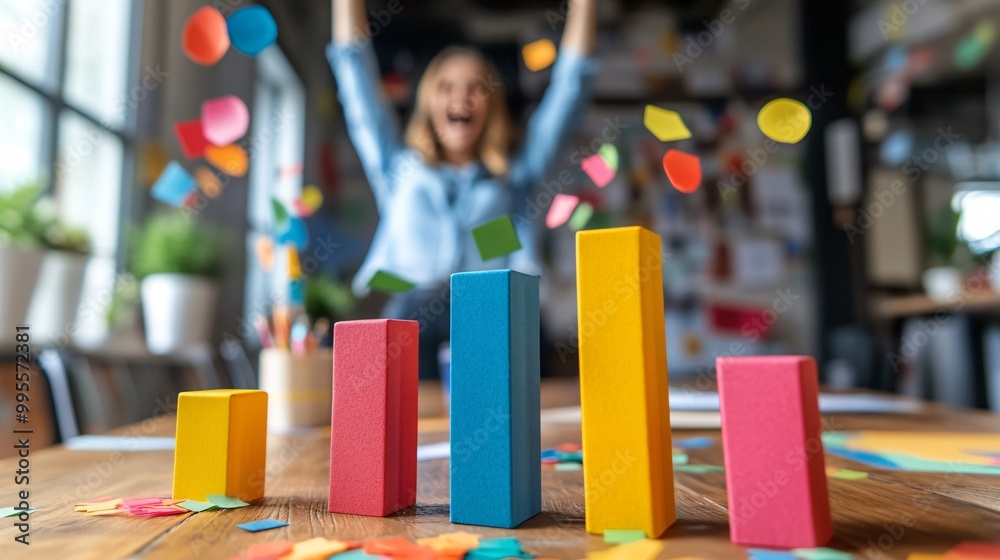 Poster an upward-moving bar chart with a person celebrating in the foreground symbolizing business success 