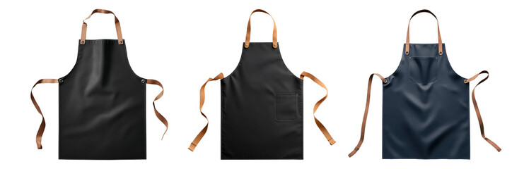Set of aprons with leather straps isolated on white background
