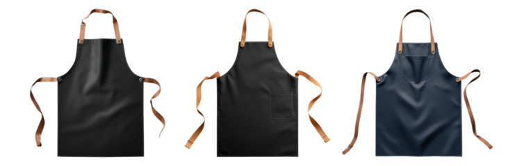 Set of aprons with leather straps isolated on white background
