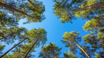 Obraz premium Remote wilderness with towering pine trees, with ample copy space in the bright blue sky.