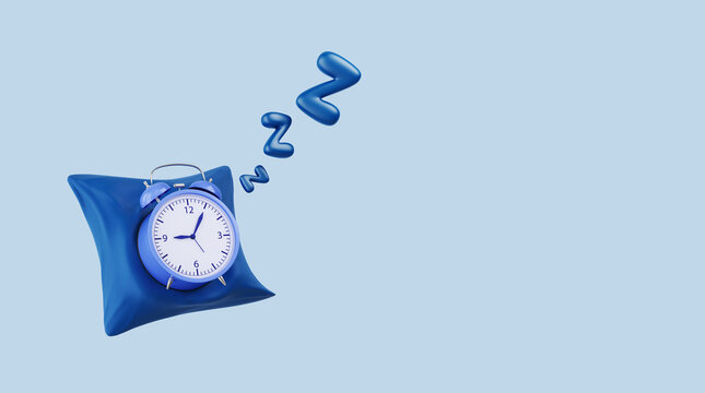 blue pillow alarm clock bedroom time snooze dream night morning day alert sleep. Start the day overtime work sleepless wake up late of tiredness and fresh sleep until appointment. 3D Illustration.