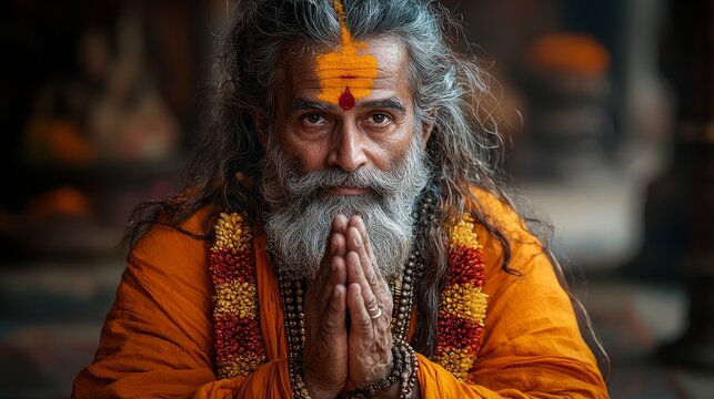 compassionate pandit in saffron robes, both hands raised in a blessing gesture, with traditional Indian motifs softly blurred in the background, emphasizing spirituality.