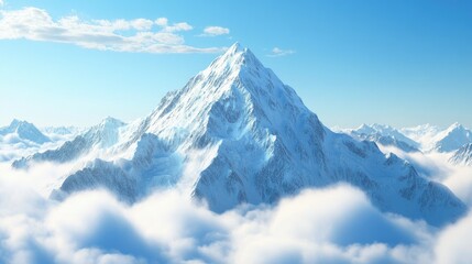 Fototapeta premium Snowy mountain peak rising above the clouds, space for copy in the crisp blue sky.