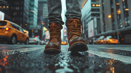 A man's feet in shoes walk along a busy street in a big city. Neural network AI generated art