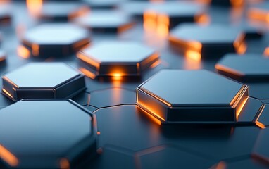 Obraz premium A close-up view of hexagonal shapes with glowing edges on a dark surface, suggesting a futuristic or technological theme.