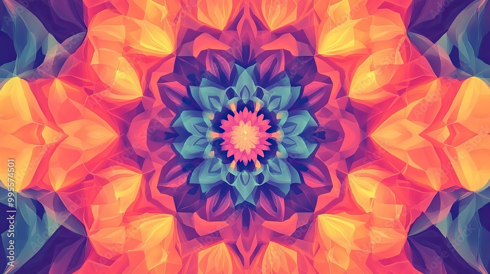 Fototapete vibrant kaleidoscope pattern with symmetrical shapes, plenty of space for text in the center
