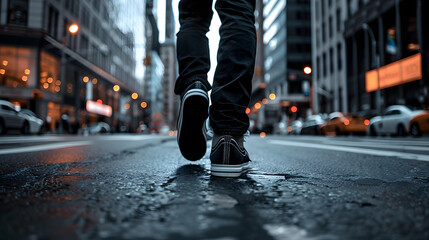 A man's feet in shoes walk along a busy street in a big city. Neural network AI generated art