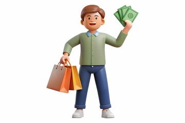 Flat Vector Illustration of a Happy Shopper Celebrating Cash Savings from Clearance Sale - Perfect for Retail Promotions & E-commerce Marketing on Discounts & Consumer Satisfaction