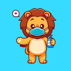 Fototapeta premium Cute Lion Wearing Medical Mask With Hand Sanitizer Cartoon Vector IconIllustration. Animal Healthy Icon Concept Isolated Premium Vector. Flat Cartoon Style
