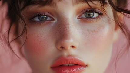 Fototapeta premium Close-up Portrait of a Young Woman with Pink Blush