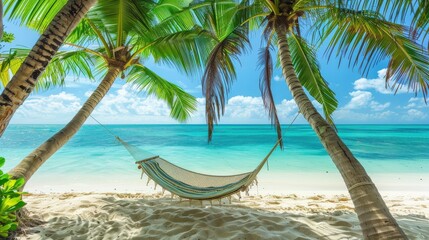 Fototapeta premium A calm beach scene where turquoise waters meet a white sandy shore, highlighted by a hammock hung between two palm trees.