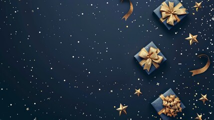 Naklejka premium A blue background with three gold boxes and stars