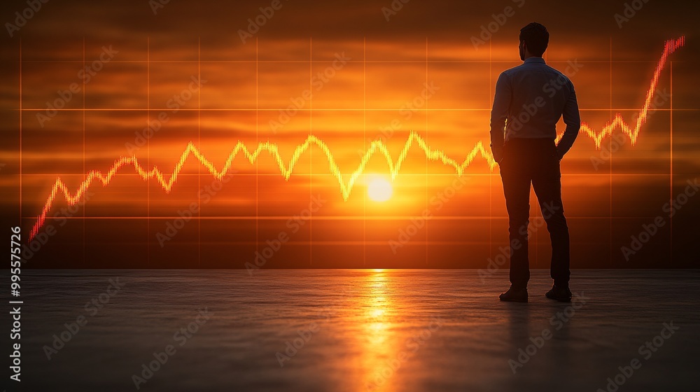Poster a person standing confidently beside a financial graph that shows increasing profits symbolizing bus