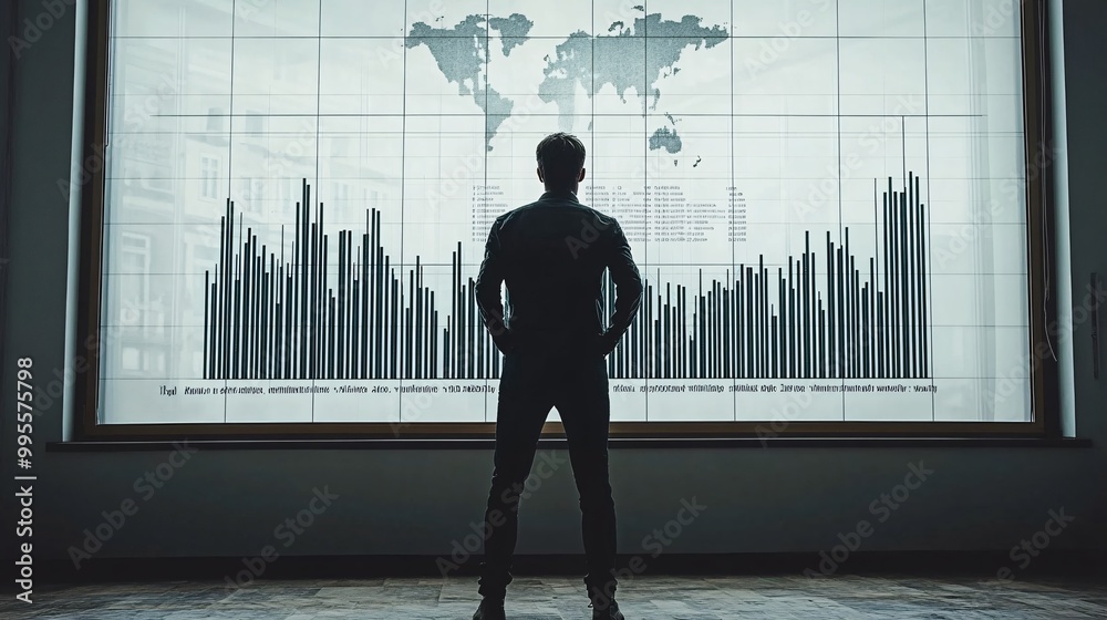 Poster a person standing confidently beside a financial graph that shows increasing profits symbolizing bus