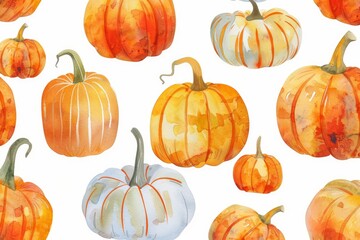 Autumn watercolor illustration with pumpkins, seamless pattern. 