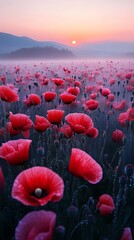 Fototapeta premium A misty morning over a vast field of red poppies