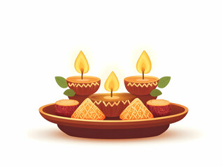 Modern Flat Bhai Dooj Diya and Sweets Isolated Vector Design - Festive Minimalism with Glowing Elements on White Background