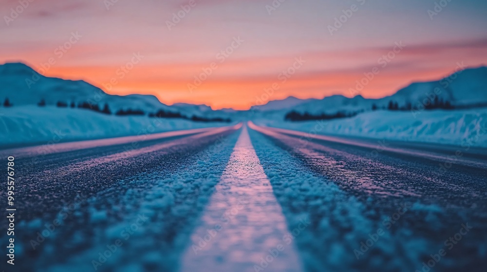 Poster a road extending into a colorful sunset symbolizing the journey toward personal goals and the endles