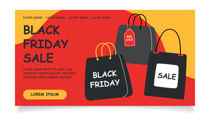 Black Friday sale banner. Shopping bags on red background. Black Friday shopping. Sale concept.