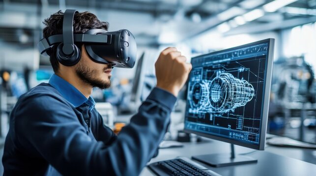 An engineer using virtual reality to interact with detailed CAD designs of mechanical systems in a bright, modern workspace, emphasizing innovation in engineering