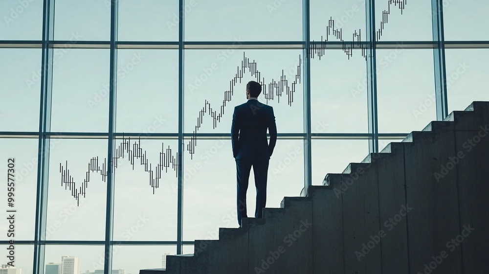 Poster an upward-trending financial graph with a person standing proudly beside it representing economic gr