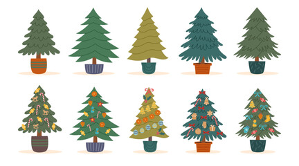 Set of decorated potted Christmas trees isolated on white background2. Sustainable Christmas concept. Christmas ornaments.