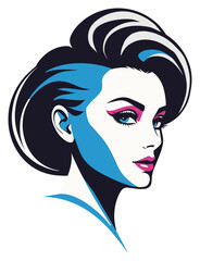 Woman's profile with one side swept voluminous hair, in vibrant colors, style 1980s