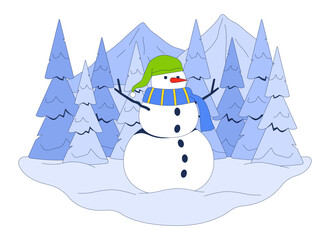 Cute snowman amidst snowy woods mountains cartoon flat illustration. Christmas snow man on glade winter 2D character isolated on white background. Wonderland wintertime scene vector color image