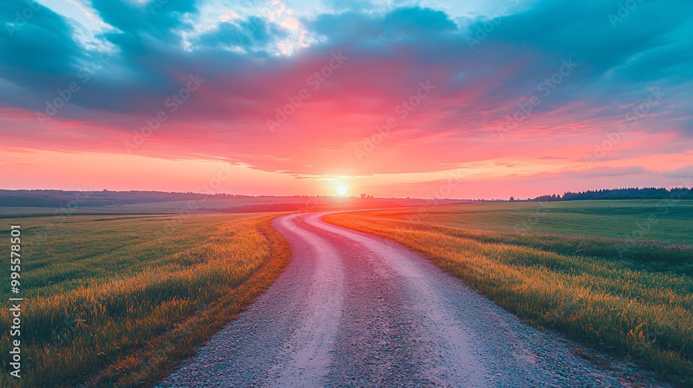 Aufkleber a long road leading into a vibrant sunset symbolizing the challenges and opportunities that lie ahea
